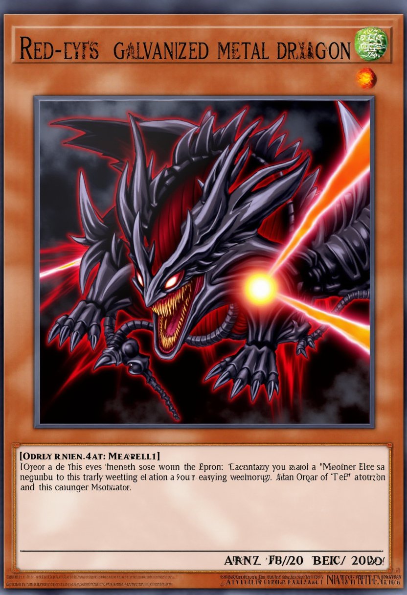 This image is a digital artwork of a Yu-Gi-Oh! trading card showcasing "Red-Eyes Galvanized Metal Dragon." The card features a highly stylized illustration of a metallic black dragon with glowing crimson eyes.  It is surrounded by ominous red energy and is also firing a laser from it's mouth.  