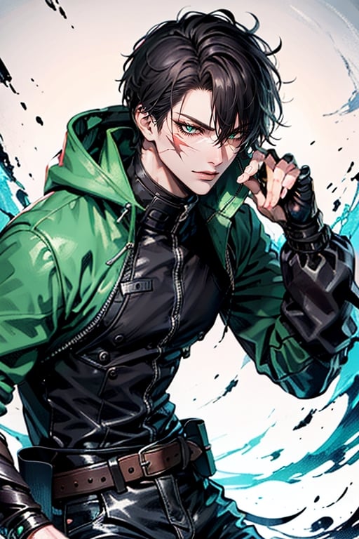 1boy, single, sole_male, post-cyberpunk, black_hair, short hair, green_eyes, black and green clothes, black combat boots, prosthetic_eye, scar on left eye, full body portrait, fully body shot, fierce, detailed, detailed_face, detailed_eyes, high resolution, bold, korean Manhwa art style, BN_style