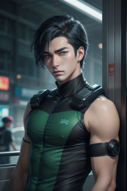 post-cyberpunk, male, black hair, green eyes, mechanical left eye, mechanical left arm, black and green clothes, fierce, detailed, high resolution, bold, korean Manhwa art style by Choo Hye Yeon