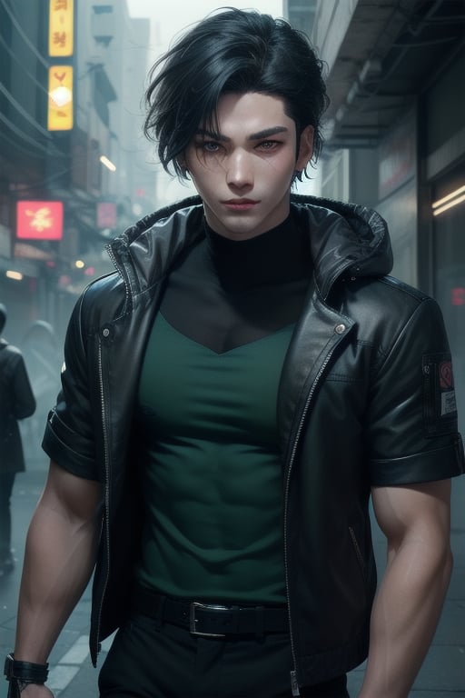 post-cyberpunk, male, black hair, green eyes, mechanical left eye, mechanical left arm, black and green clothes, fierce, detailed, high resolution, bold, korean Manhwa art style by Choo Hye Yeon