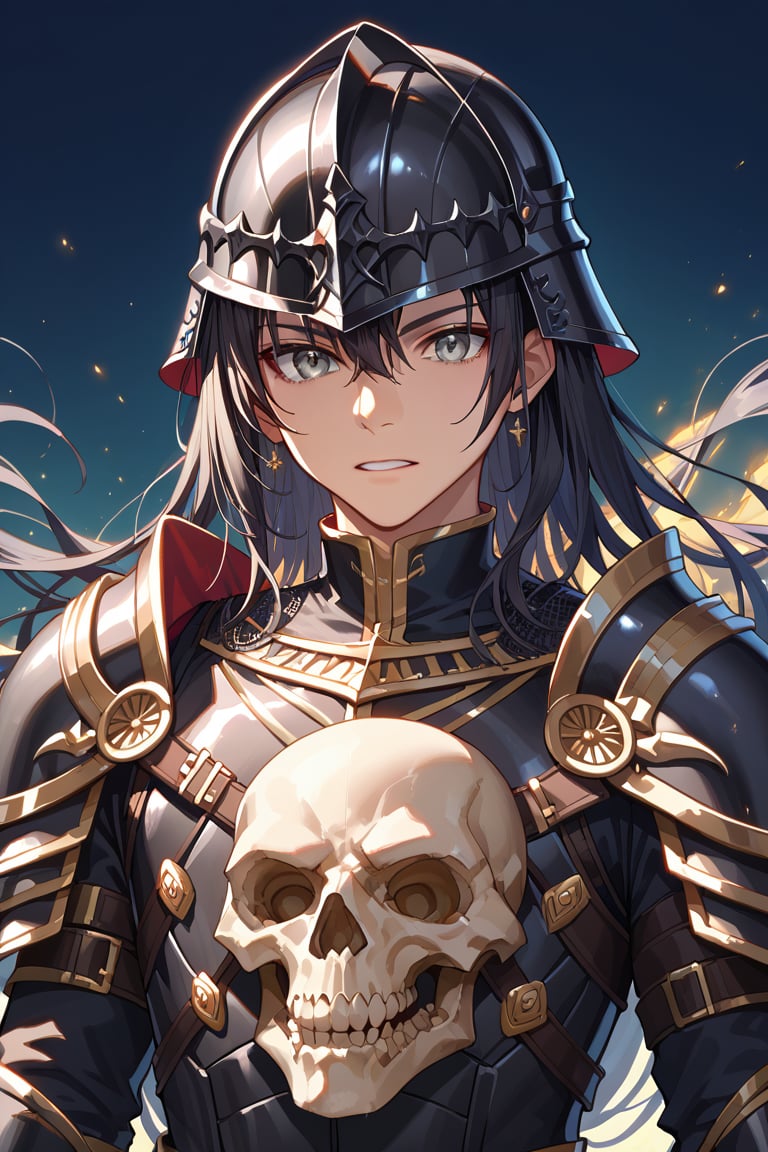 score_9,score_8_up,score_7_up,source_anime,BREAK, Masterpiece, beautiful, Incredibly detailed, 1guy, solo, black hair, grey eyes, black knight, black armor with gold trim, black helmet, skull design on pauldrons