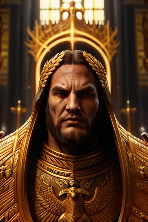 A close-up portrait of Henry Cavill as the Emperor of Mankind, sporting a full, regal beard. He wears ornate golden armor with intricate designs, standing in a grand throne room with banners and stained glass windows. The lighting is dramatic, casting shadows that highlight his stern expression and powerful presence. The composition is centered, emphasizing his authoritative figure.