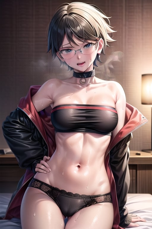 Realistic, (((Photorealistic))), beautiful girl (((masterpiece))), (((hd shot))), absurdres, (((intricate details))), (colorful),((cinematic lighting)),bust shot,(((extremely detailed CG unity 8k wallpaper))),1girl, short hair, sarada uchiha, glasses, bed, bed_sheets, flowing hair, sexy body, ((exposed stomach)),(((sweat_drops))), (((steaming_body))), red and black jacket, (red and black topwear), strapless, giggle, (((glistening_body))), collar, milf body, hand_on_hips, eye_contact, (((camel_toe))),  lying_down