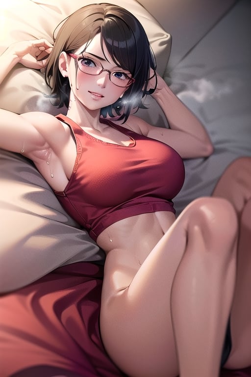 Realistic, (((Photorealistic))), beautiful girl (((masterpiece))), (((hd shot))), absurdres, (((intricate details))), (colorful),((cinematic lighting)),bust shot,(((extremely detailed CG unity 8k wallpaper))),1girl, short hair, sarada uchiha, ((full red tank top)), red shirt, smile, lying_down, red glasses, bed,flowing hair, showing armpit, sexy body, exposed stomach,sweat_drops, steaming_body, black eyes,sarada