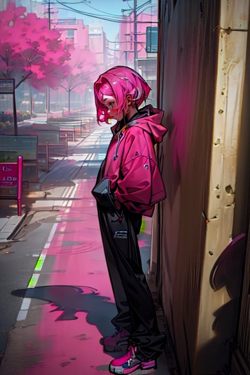 (((masterpiece))),(((4K))),(((girl))),(extremely detailed CG, ultra-detailed, best shadow), (scenery: 1.1), (short hair),(pink red half hair),Black Oversized hoodie,long pants,tidal wave