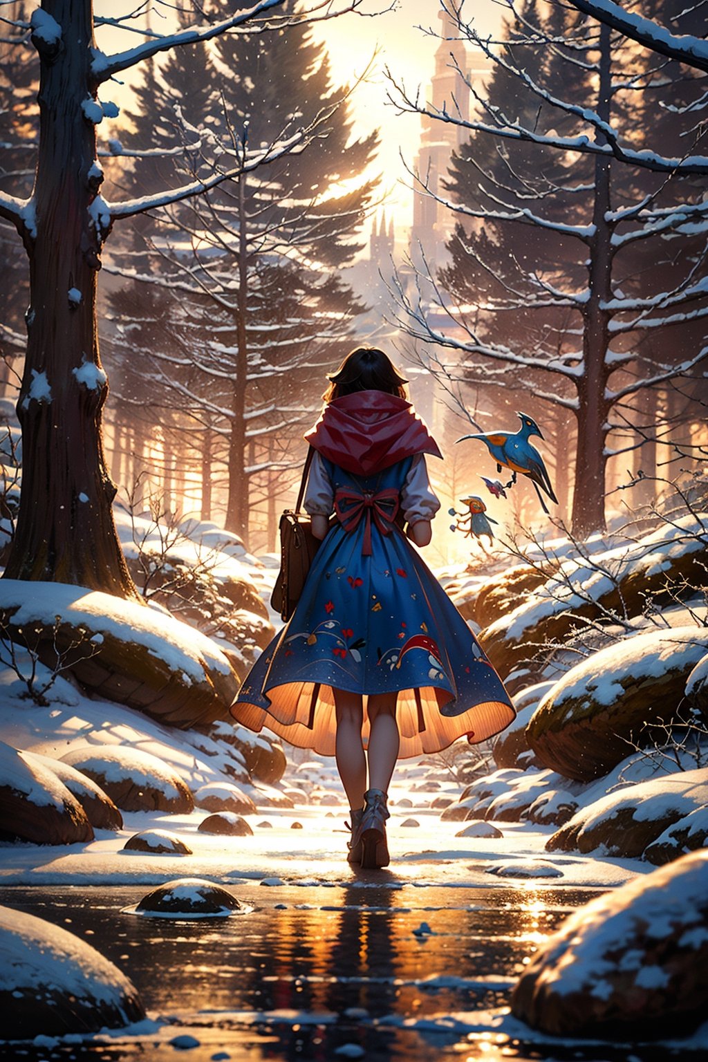 describe the character Valerie from Little Red Riding Hood, walking in the snowy forest, beautiful body, white dress, Perspective details, natural and realistic, Fantastic and surreal, 8k, Expression, imagination, photographic technique, Dali, Bosch, Miró, Salvador Dali, Hieronymus Bosch, Joan Miro