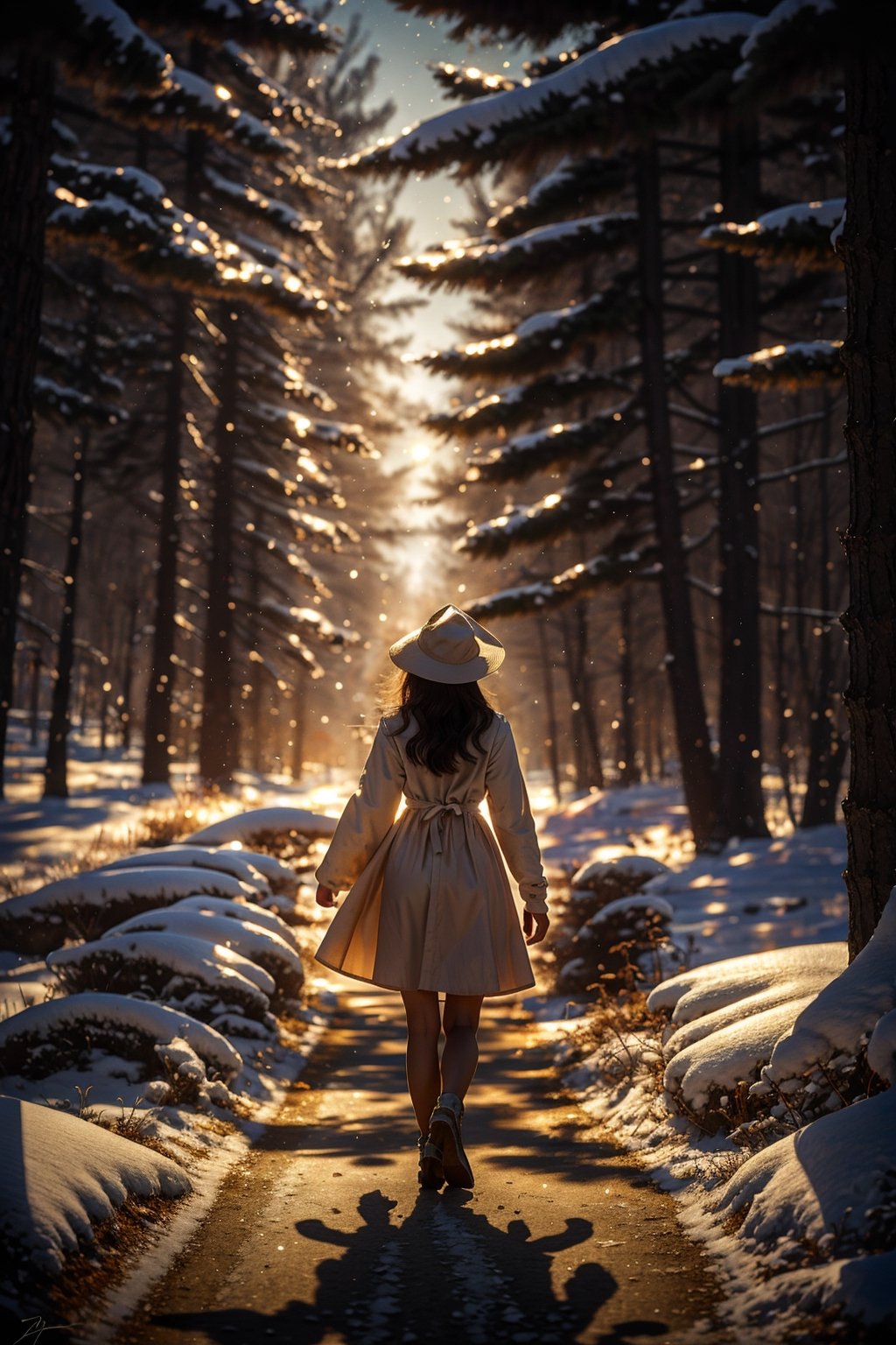 describe the character Valerie from Little Red Riding Hood, walking in the snowy forest, beautiful body, white dress, Perspective details, natural and realistic, Fantastic and surreal, 8k, Expression, imagination, photographic technique, Dali, Bosch, Miró, Salvador Dali, Hieronymus Bosch, Joan Miro