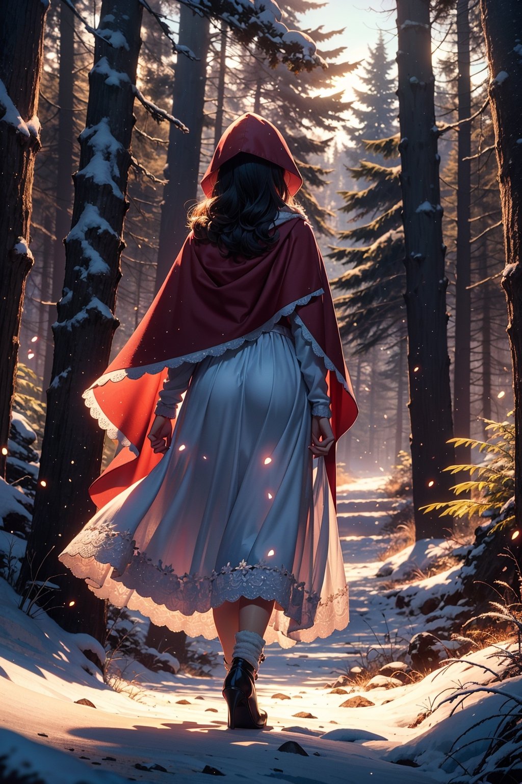 describe the character Valerie, movie Little Red Riding Hood, walking in the snowy forest, beautiful body, white dress, Detail perspective, natural and realistic, detailed, cinematic scene, Fantastic and surreal, 8k, Expression, imagination,