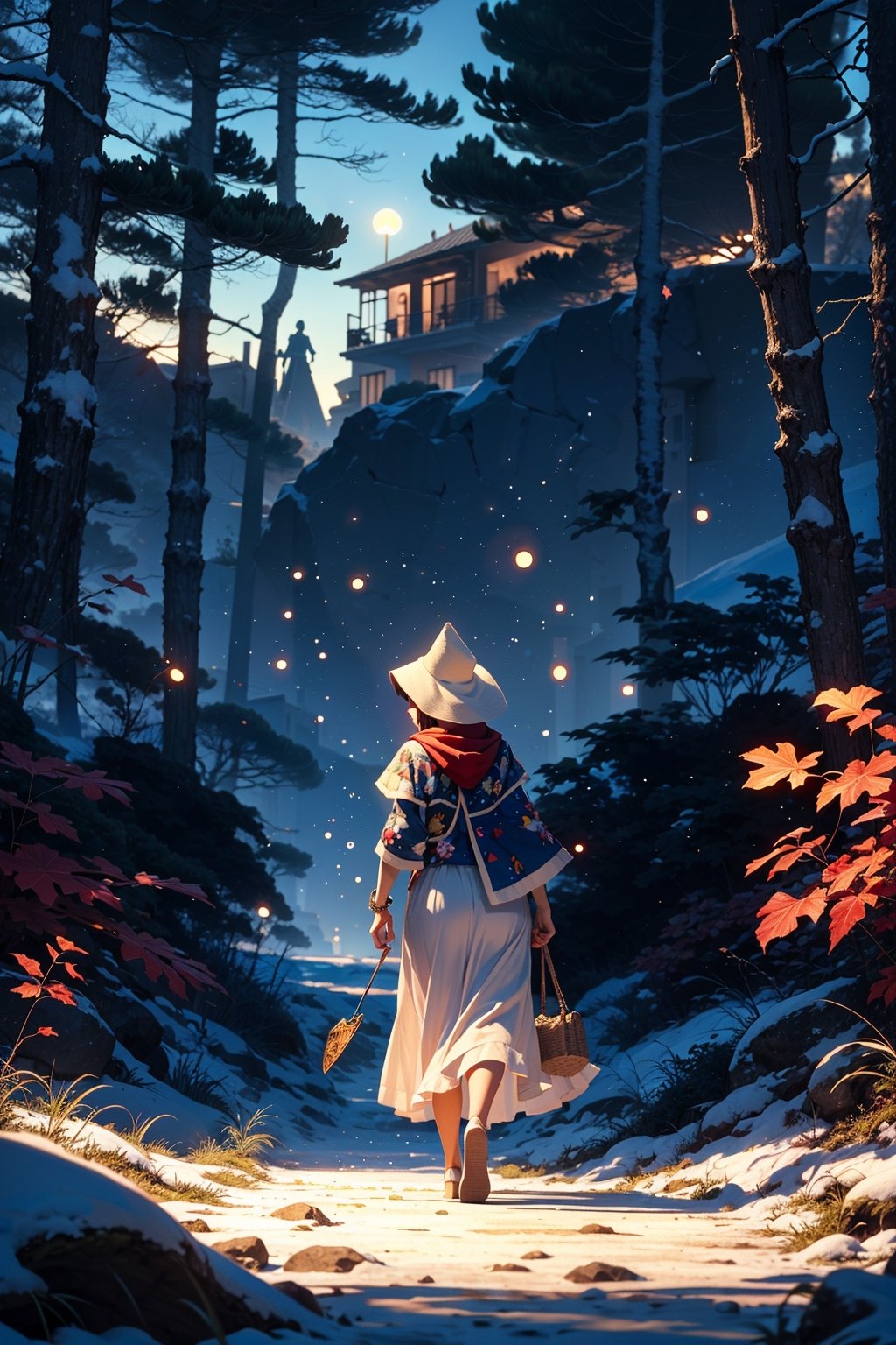 describe the character Valerie from Little Red Riding Hood, walking in the snowy forest, beautiful body, white dress, Perspective details, natural and realistic, Fantastic and surreal, 8k, Expression, imagination, photographic technique, Dali, Bosch, Miró, Salvador Dali, Hieronymus Bosch, Joan Miro