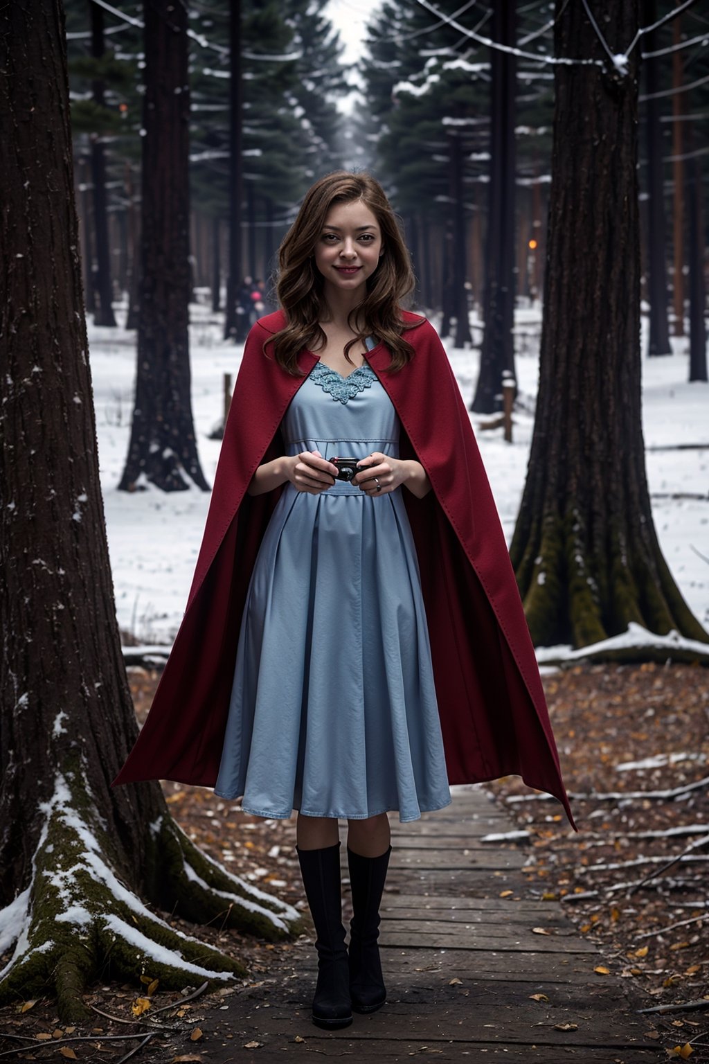 movie "The Girl in the Red Hood" Valerie, played by Amanda Seyfried, is a young woman with long brown hair, green eyes and fair skin. She is tall and slender, with an athletic body.
Her face is beautiful, with delicate features. She has a sweet smile and eyes full of kindness.
Valerie wears a simple light blue dress and a red cape. The cape is an heirloom from her mother, and Valerie treasures it.
she is in a forest with snow and big and beautiful trees, next to her a gray wolf is protecting valerie, wide view of the whole scene.
Camera Type: A high-resolution DSLR camera, such as a Canon EOS 5D Mark IV or a Nikon D850. These cameras are capable of capturing images with high quality and detail.