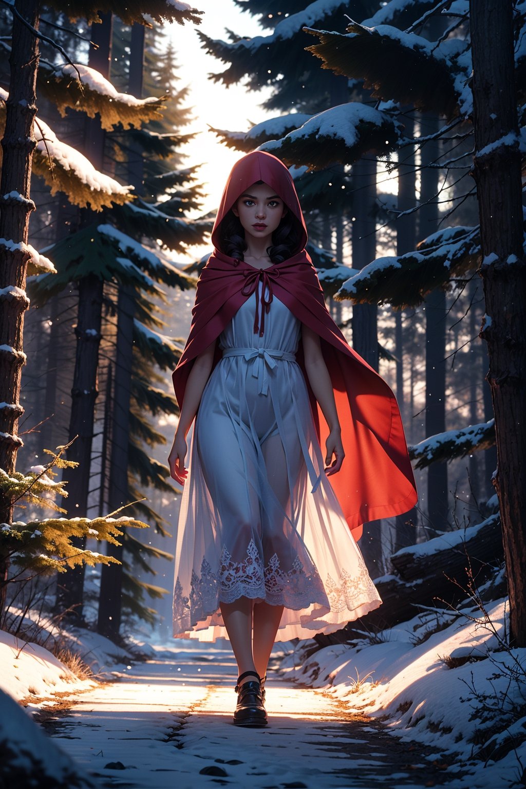 describe the character Valerie, movie Little Red Riding Hood, walking in the snowy forest, beautiful body, white dress, Detail perspective, natural and realistic, detailed, cinematic scene, Fantastic and surreal, 8k, Expression, imagination,