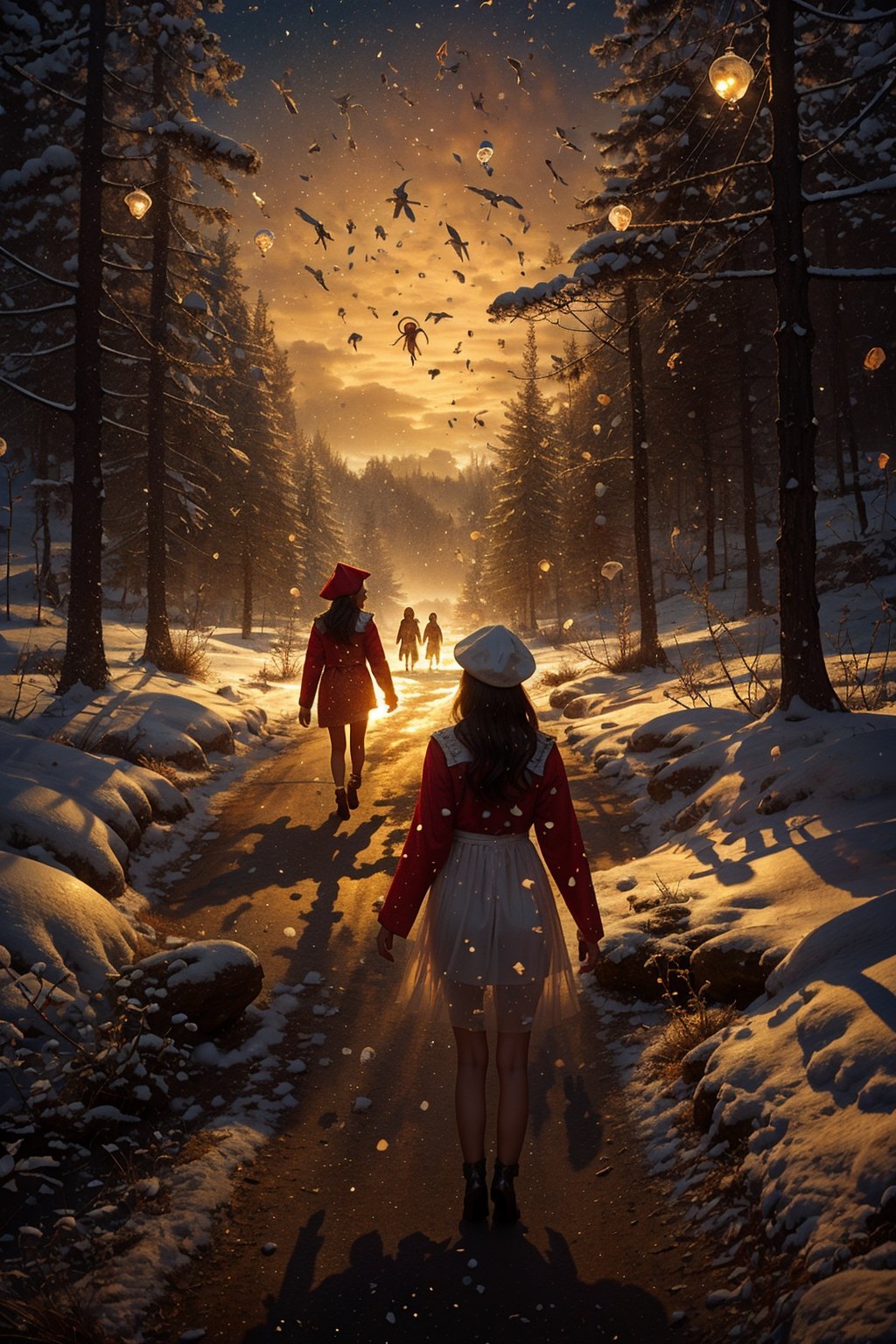 describe the character Valerie from Little Red Riding Hood, walking in the snowy forest, beautiful body, white dress, Perspective details, natural and realistic, Fantastic and surreal, 8k, Expression, imagination, photographic technique, Dali, Bosch, Miró, Salvador Dali, Hieronymus Bosch, Joan Miro