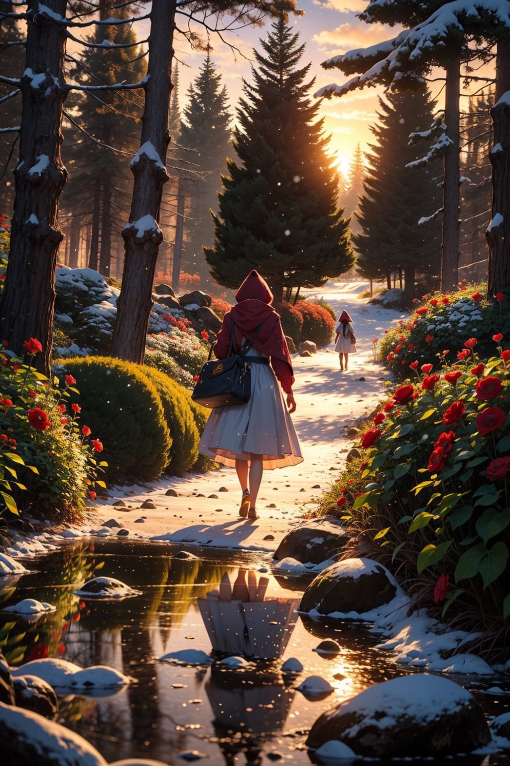 describe the character Valerie from Little Red Riding Hood, walking in the snowy forest, beautiful body, white dress, Perspective details, natural and realistic, Fantastic and surreal, 8k, Expression, imagination, photographic technique, Dali, Bosch, Miró, Salvador Dali, Hieronymus Bosch, Joan Miro