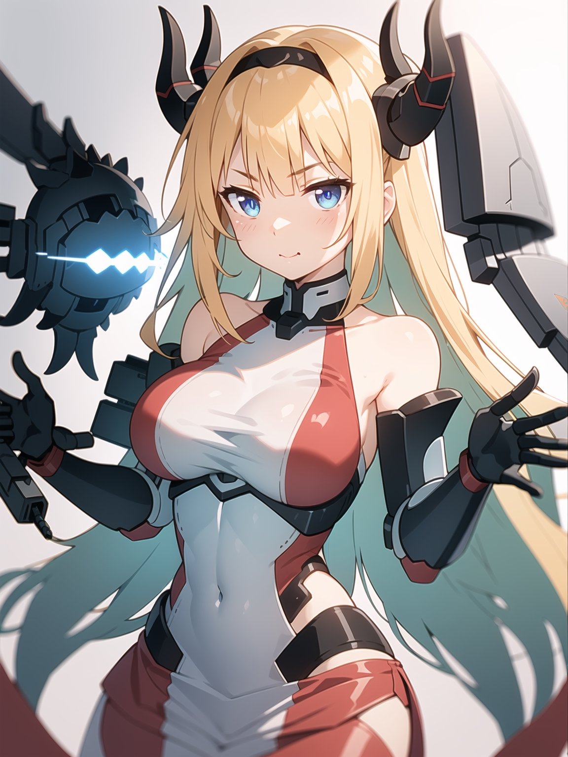 Minamoto, cute face, blue eyes, long hair, blond hair, portrait, (bare shoulders), medium breast, long_hair, blond hair, cosplay mecha girl, suit dress armord mecha, arms cover armored, gloves hands, hairband red devil mecha, (sidelighting), wallpaper, in laboratory area luxury, devil poses,