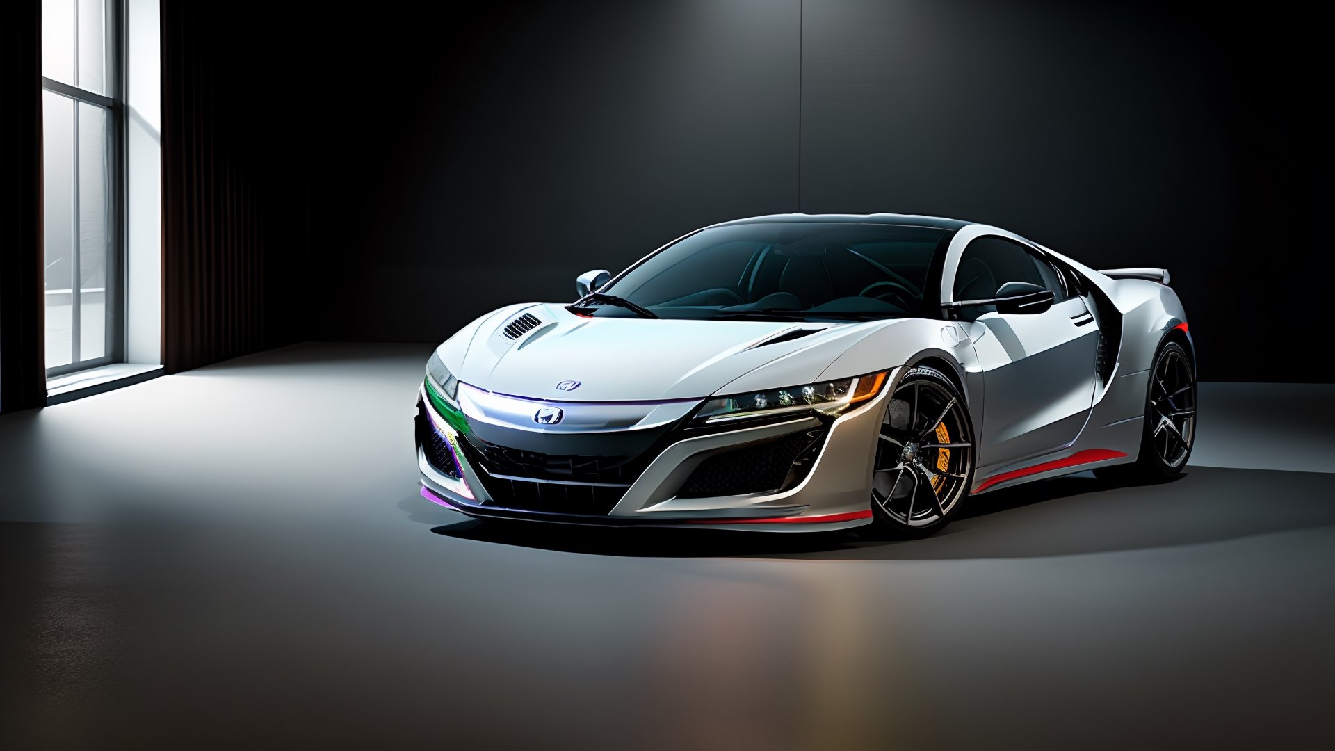 Realistic 8K rendering, Honda NSX NC1, Simple studio background, Studio lighting for a cinematic look, Dynamic and photo-realistic, detail topnoch, front look, logo background "Art Ard"