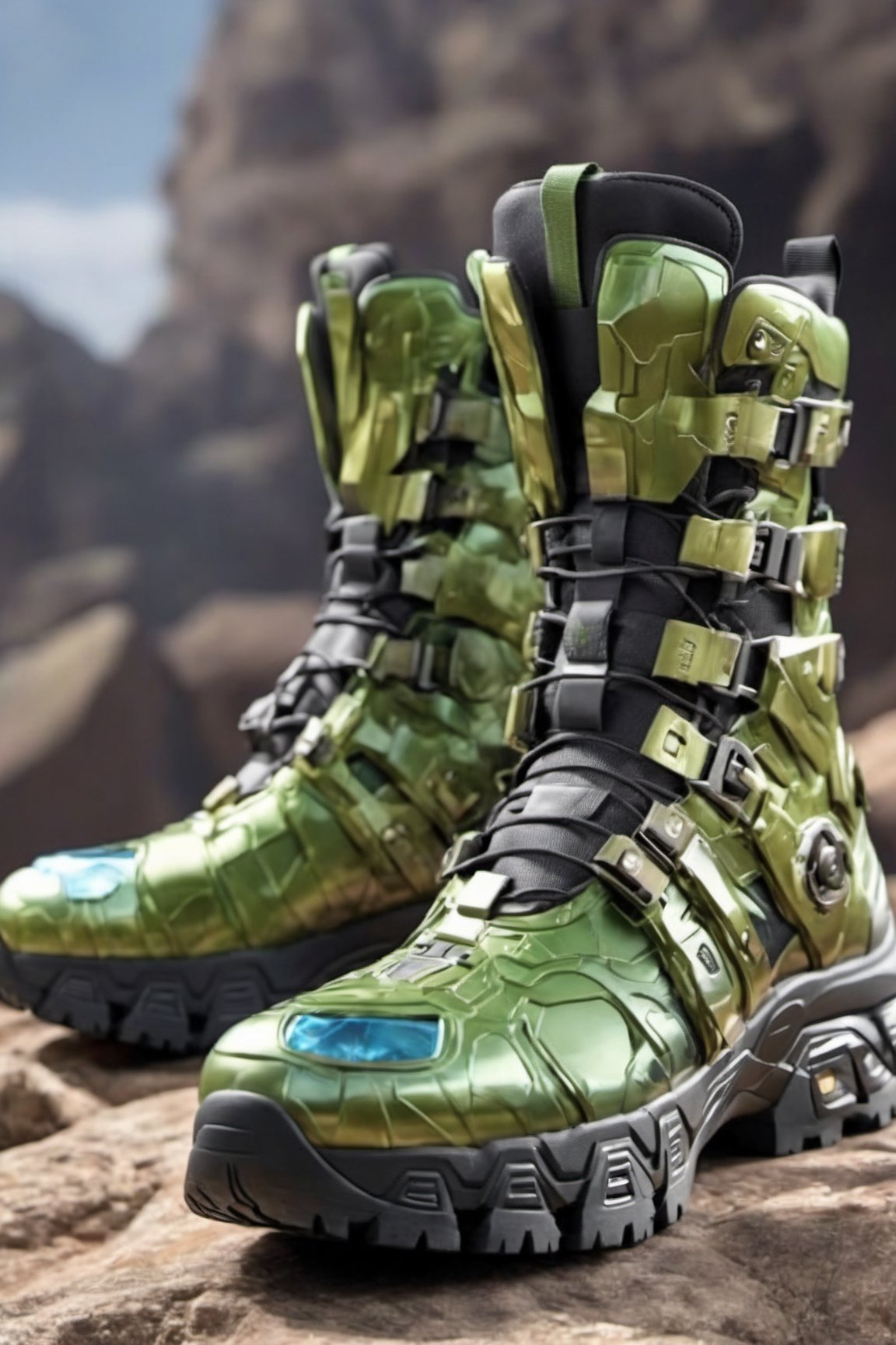 futuristic crypto hulk shoes , Hiking shoes inspire by hulk design, Salomon brand, high_resolution, high detail, realistic, realism,cyborg style,Colourful cat ,steampunk style