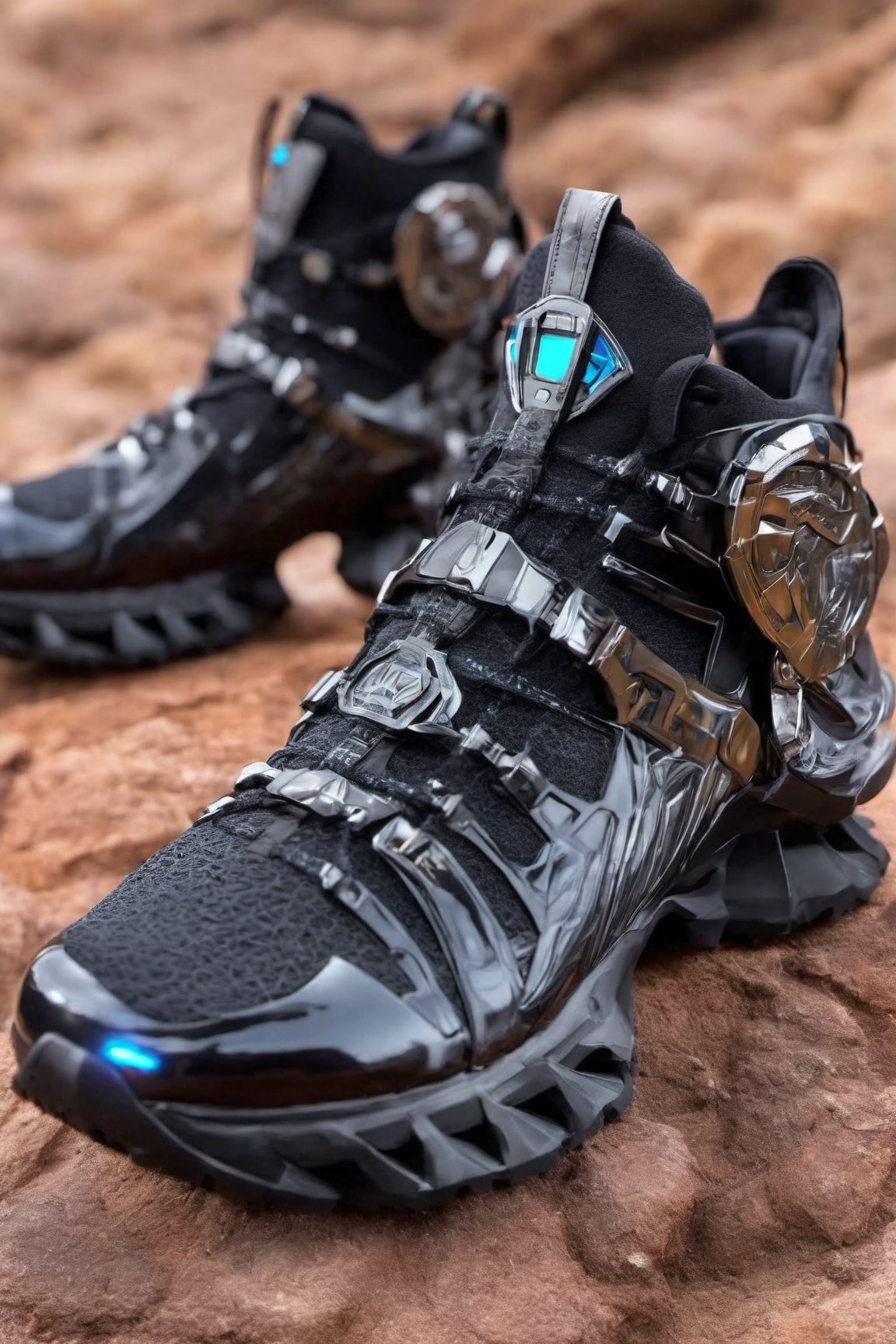 futuristic crypto black panther shoes , Hiking shoes inspire by black panther design, Salomon brand, high_resolution, high detail, realistic, realism,cyborg style,Colourful cat ,steampunk style