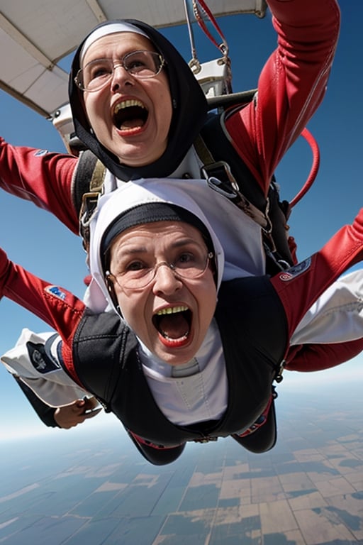 catholic_nun 60 year old screaming, ((sky diving)), white teeth, ((catholic nun clothing))