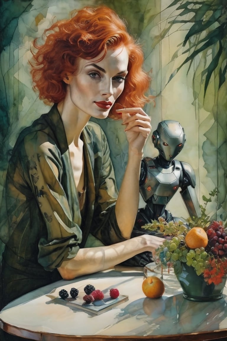 (silhouette). (emotion-evoking poses).  smiling beautiful ginger girl sitting at a table with robot figurines and fruits, (style of Shirley Trevena/style of Charlie Bowater:4)