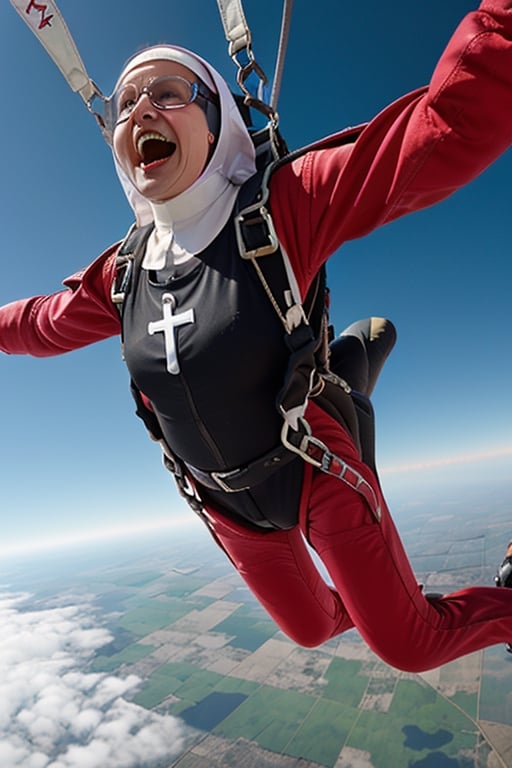 catholic_nun 60 year old screaming, ((solo sky diving)), white teeth, ((catholic nun clothing))