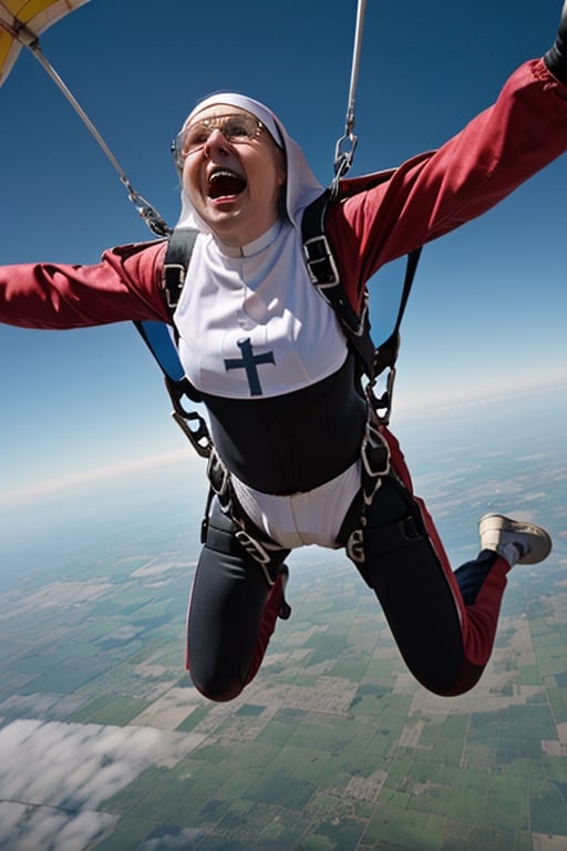 catholic_nun 60 year old screaming, ((sky diving)), white teeth, ((catholic nun clothing))