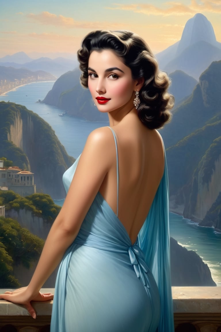 Rio de janeiro in the background, Hollywood actress in the 1950s [carioca | portuguese], (delicate sfumato, soft color transitions:2), model pose, 'red to 'light blue' color gradient', Bouguereau style Painting, (intricate chiaroscuro, layered oil techniques, detailed drapery, masterful brushwork, lifelike textures, 1950s themes, dramatic light sources, deep shadow), (ethereal, harmonious composition, landscapes, anatomical precision, delicate hand gestures, timeless beauty, humanistic expressions, emotion-evoking poses, intricate backgrounds, symbolic elements)