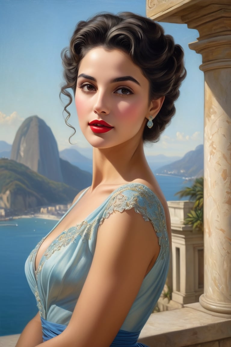 Rio de janeiro in the background, Hollywood actress in the 1950s [carioca | portuguese], (delicate sfumato, soft color transitions:2), model pose, 'red to 'light blue' color gradient', Bouguereau style Painting, (intricate chiaroscuro, layered oil techniques, detailed drapery, masterful brushwork, lifelike textures, 1950s themes, dramatic light sources, deep shadow), (ethereal, harmonious composition, landscapes, anatomical precision, delicate hand gestures, timeless beauty, humanistic expressions, emotion-evoking poses, intricate backgrounds, symbolic elements)