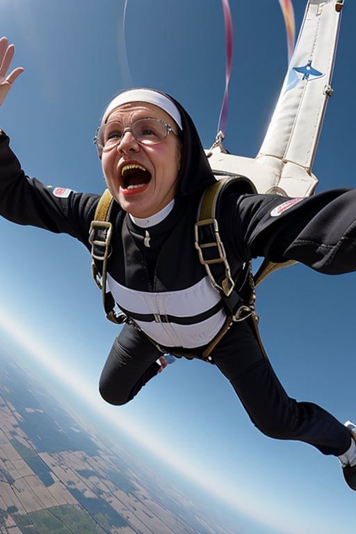 catholic_nun 60 year old screaming, ((solo sky diving)), white teeth, ((catholic nun clothing))
