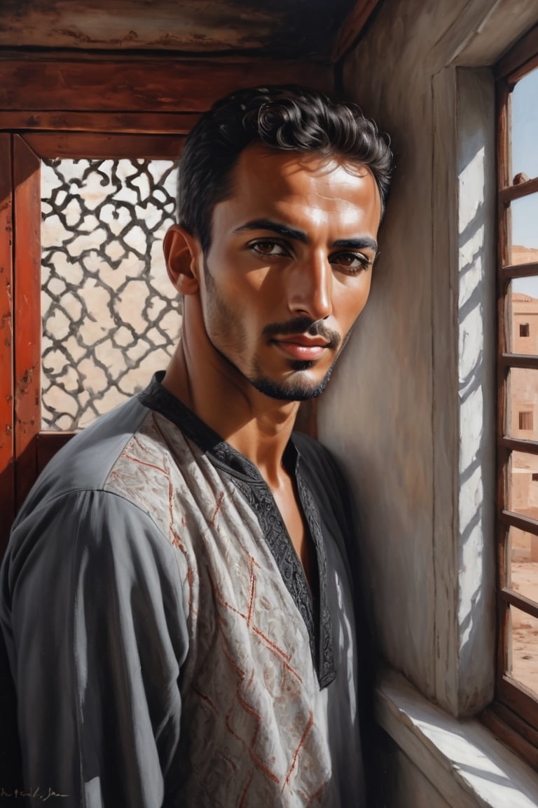 ('head,  shoulders,  chest') painting of a moroccan man by the window,  (('rusty train')),  'Satin weave',  (red and grey and black),  Porcellana style 
