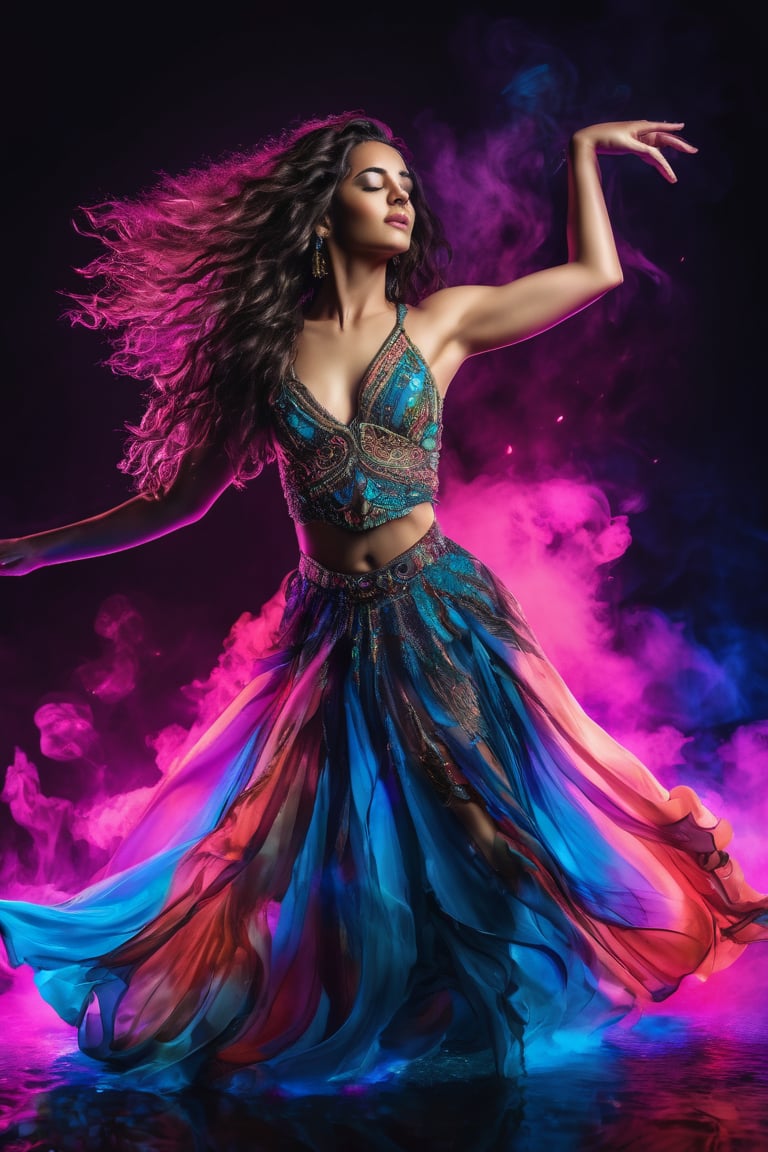 Imagine a beautiful woman Caucasus in a dancers pose wearing an intricate bejeweled sort flowy dress, hyperdetailed human face, neon smoke in water background, neon glow elements, wide_hips, long flowy hair 