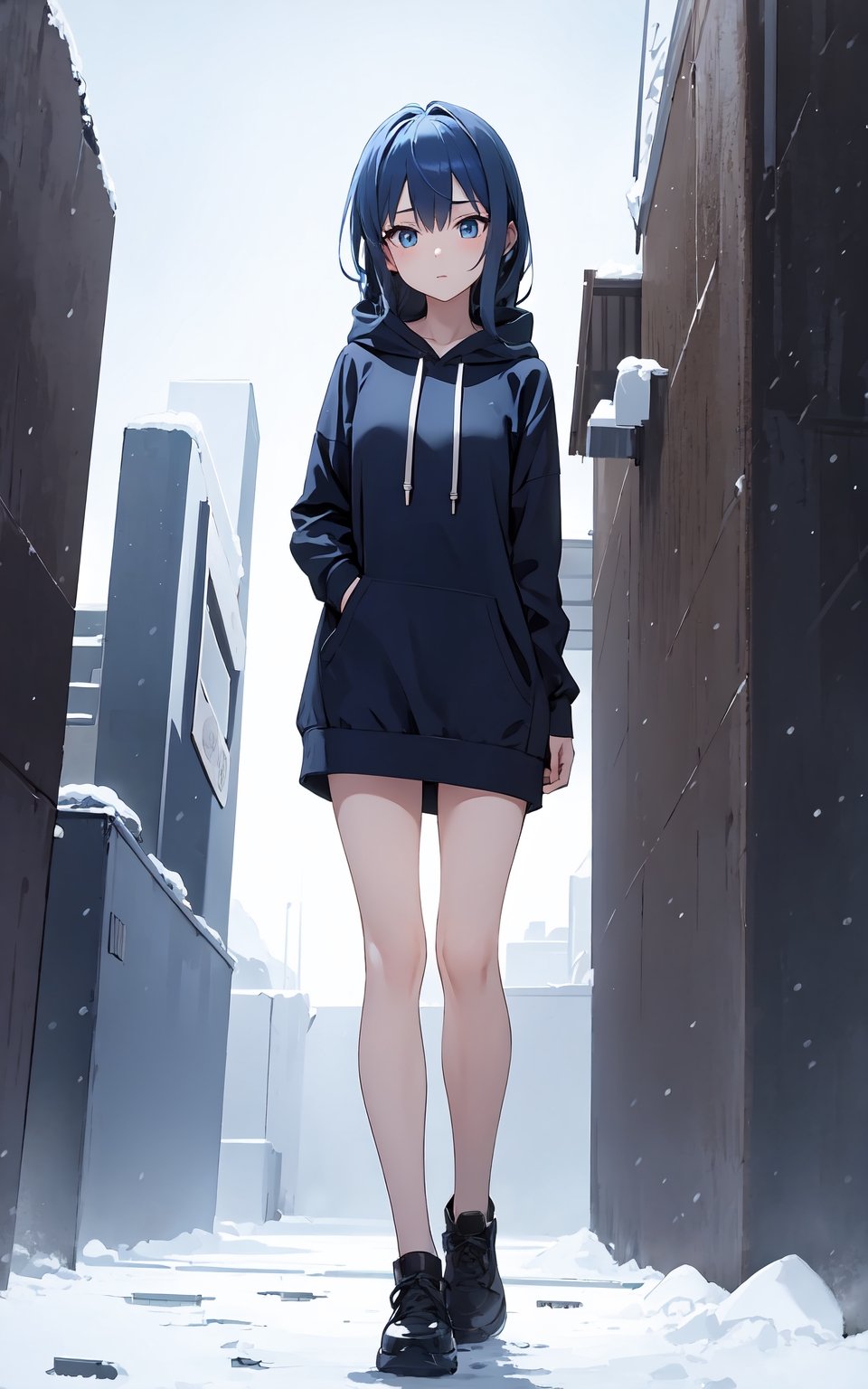 (masterpiece), best quality, hires, long hair, blue hair 
Prompt: a young girl wearing a hoodie dress in the middle of a snowstorm in the north pole

