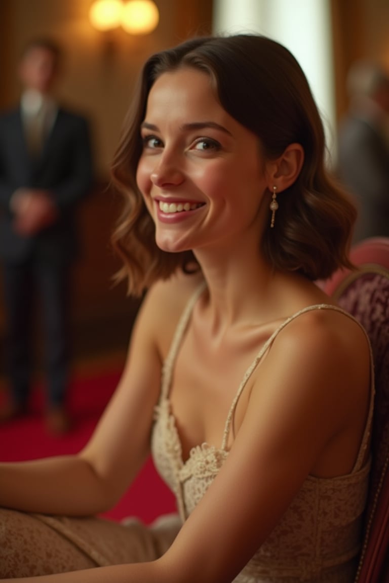 Soft focus captures the radiant smile of a young French actress as she nervously awaits her first audition. Golden lighting highlights her porcelain skin, while a subtle bokeh blurs the background. She sits poised, one hand cradling her script, the other clutching her purse. The iconic red carpet rolls out behind her, leading to a life of stardom. Her eyes shine with anticipation as she takes a deep breath, ready to charm the casting director.