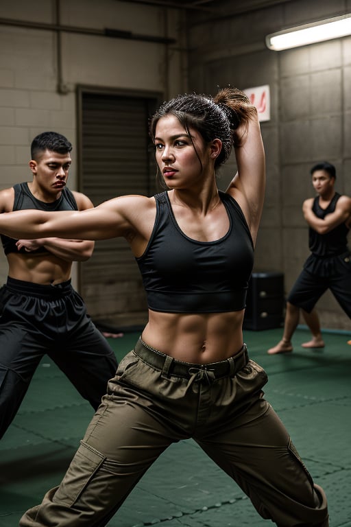 A warrior's fervor: A photorealistic female Fighter stands tall amidst a whirlwind of action, her determined face aglow with subtle practical makeup as she expertly wields her sword amidst a burst of magical energy, framed by bustling soldiers and martial arts training. She wears a utilitarian tank top over army fatigues and combat pants, her movements fluid and dynamic as she commands the chaotic scene, bajonet training in full swing.