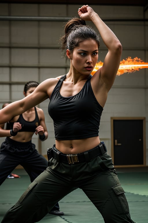 A warrior's fervor: A photorealistic female Fighter stands tall amidst a whirlwind of action, her determined face aglow with subtle practical makeup as she expertly wields her sword amidst a burst of magical energy, framed by bustling soldiers and martial arts training. She wears a utilitarian tank top over army fatigues and combat pants, her movements fluid and dynamic as she commands the chaotic scene, bajonet training in full swing. (((perfect eyes:1.4))),female warrior,sniper,Masterpiece