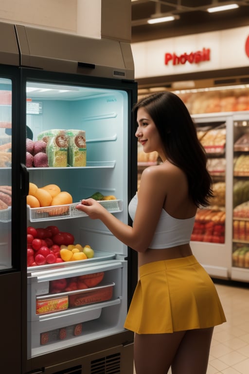 A young woman in a miniskirt bends over the freezer box in a shopping center,(((photorealism:1.4))),perfect eyes