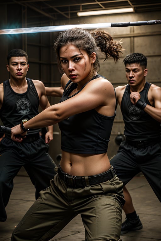 A warrior's fervor: A photorealistic female Fighter stands tall amidst a whirlwind of action, her determined face aglow with subtle practical makeup as she expertly wields her sword amidst a burst of magical energy, framed by bustling soldiers and martial arts training. She wears a utilitarian tank top over army fatigues and combat pants, her movements fluid and dynamic as she commands the chaotic scene, bajonet training in full swing. (((perfect eyes:1.4))),female warrior,sniper,Masterpiece, (((photorealism:1.4))), 