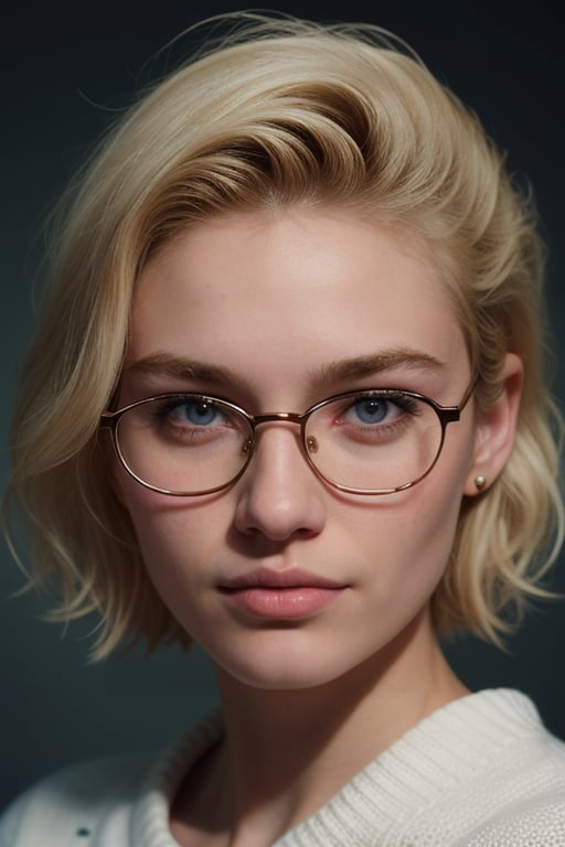 A very beautiful 18 years old girl, medium length layered haircut, blonde hair, pale skin, thick eyebrows, masculine features,(beautiful tired eyes), prescription glasses, long eyelashes, pretty lips, sharp features, wearing sweater, (naturally soft skin, defined high cheek bones), 21th century, digital painting, digital illustration, extreme detail, digital art, 4k, ultra hd, hyperrealism, trending on artstation, vintage photography, tumblr aesthetic, DnD fantasy, hd photography, hyperrealism