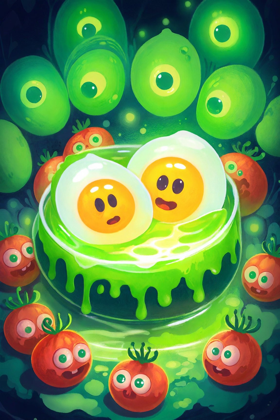 best quality,masterpiece,illustrationdetailed,masterpiece, a evil soap made by tomato and zombie hands and fried eggs and eye balls ,it glowing green light and looks terrible