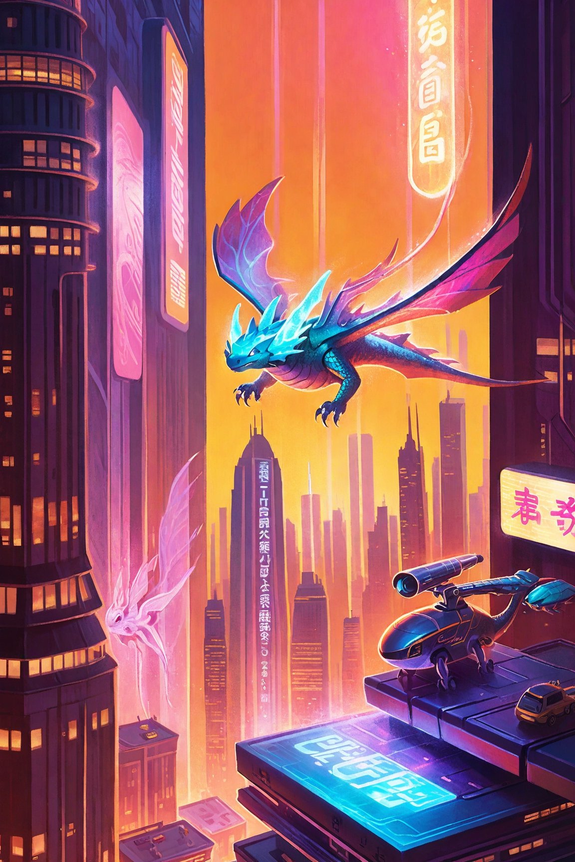 futuristic dragon (cybernetic:1.2) soaring through a (neon-lit cityscape:1.1) with (hovering vehicles:1.2) in the sky. The dragon's body is (metallic:1.2) with (glowing circuit patterns:1.1), and its wings are (mechanical:1.2) with (laser-like propulsion:1.1). The city below is a (high-tech metropolis:1.2) with (skyscrapers:1.1) reaching into the sky. The dragon has (integrated weaponry:1.2) and (advanced targeting systems:1.1). The sky is filled with (holographic advertisements:1.2) and (floating billboards:1.1). The overall style is (cyberpunk:1.2) with a focus on (technological marvels:1.1).
负向提示