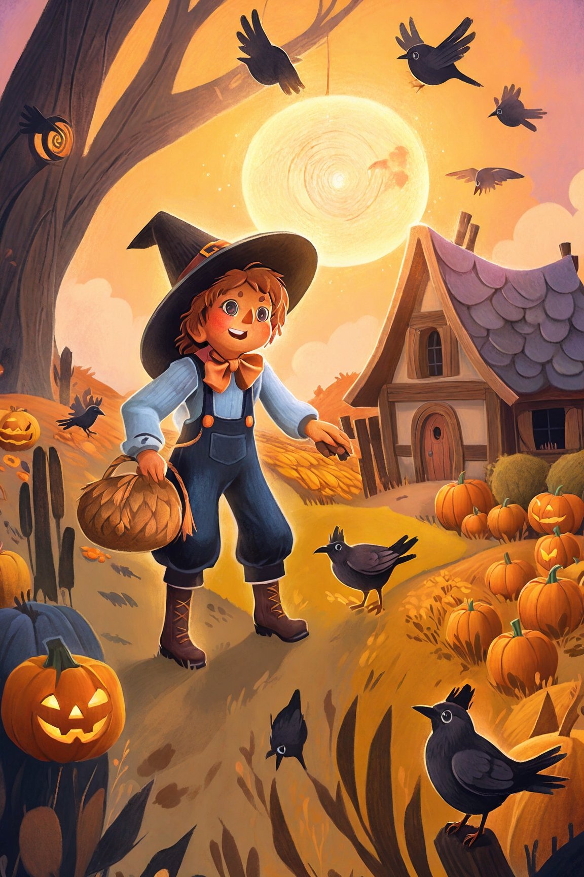 a spooky farm, scarecrow, full body, perfect face, detailed eyes, highly detailed, surround the scarecrow with a swirling flock of crows, farmhouse complex background, hyper-realistic masterpiece, character design, volumetric lighting, fairy lights, intricate detail, ultra-realistic, hdr. best quality, perfect detailed, ultra sharp focus,