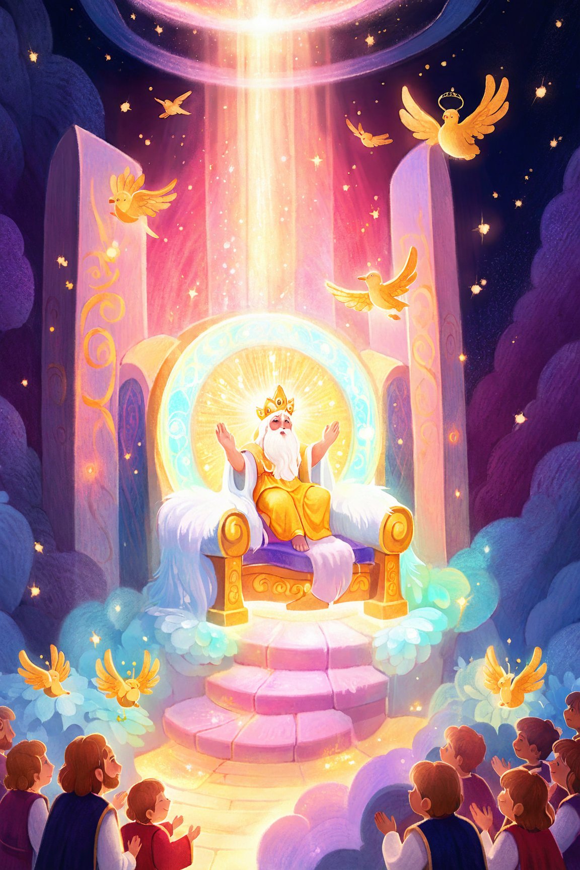 An awe-inspiring view of a celestial paradise, with a radiant God seated on a throne of gold, surrounded by a shimmering aura and a choir of angels singing praises.