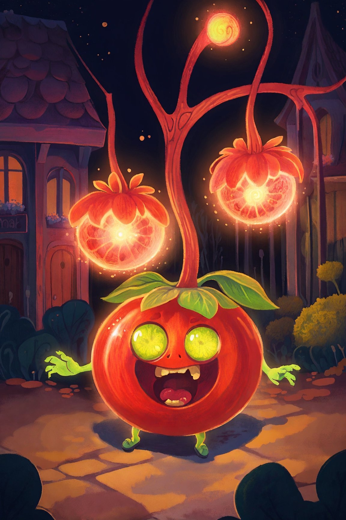 a zombie tomato glowing red lights dancing like crazy on street at night