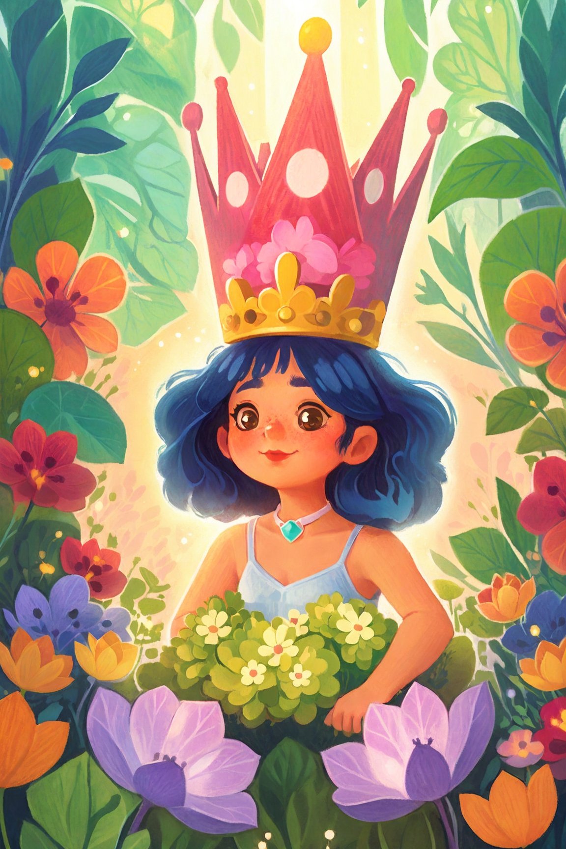 masterpiece, realistic, highly detailed, movie still, high-resolution digital image of a girl wearing a crown of flowers, with a strong facial expression and soft lines and shapes, inspired by the art styles of Frank Cho, Elina Karimova, and Mono-ha. Also incorporate elements of fashwave, dynamic pose. cinematic, crystal accesories