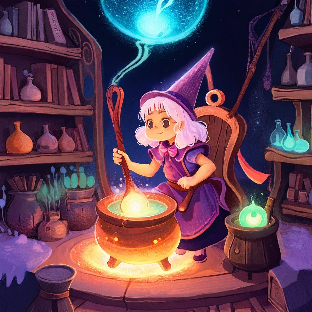 1girl,wizard,cauldron,Alchemy,alchemist,fire,holding a big spoon,surrounded by bookshelf