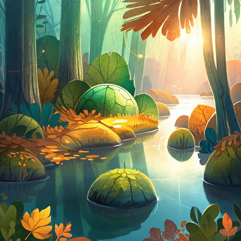 a number of leaves on the ground near a body of water, a picture, by Sebastian Spreng, shutterstock, beautiful sunrise lighting, bursting with holy light, in the autumn forest, absolutely outstanding image, water reflecting suns light, stock photo, sf, intricate artwork masterpiece, ominous, matte painting movie poster, golden ratio, trending on cgsociety, intricate, epic, trending on artstation, by artgerm, h. r. giger and beksinski, highly detailed, vibrant, production cinematic character render, ultra high quality 