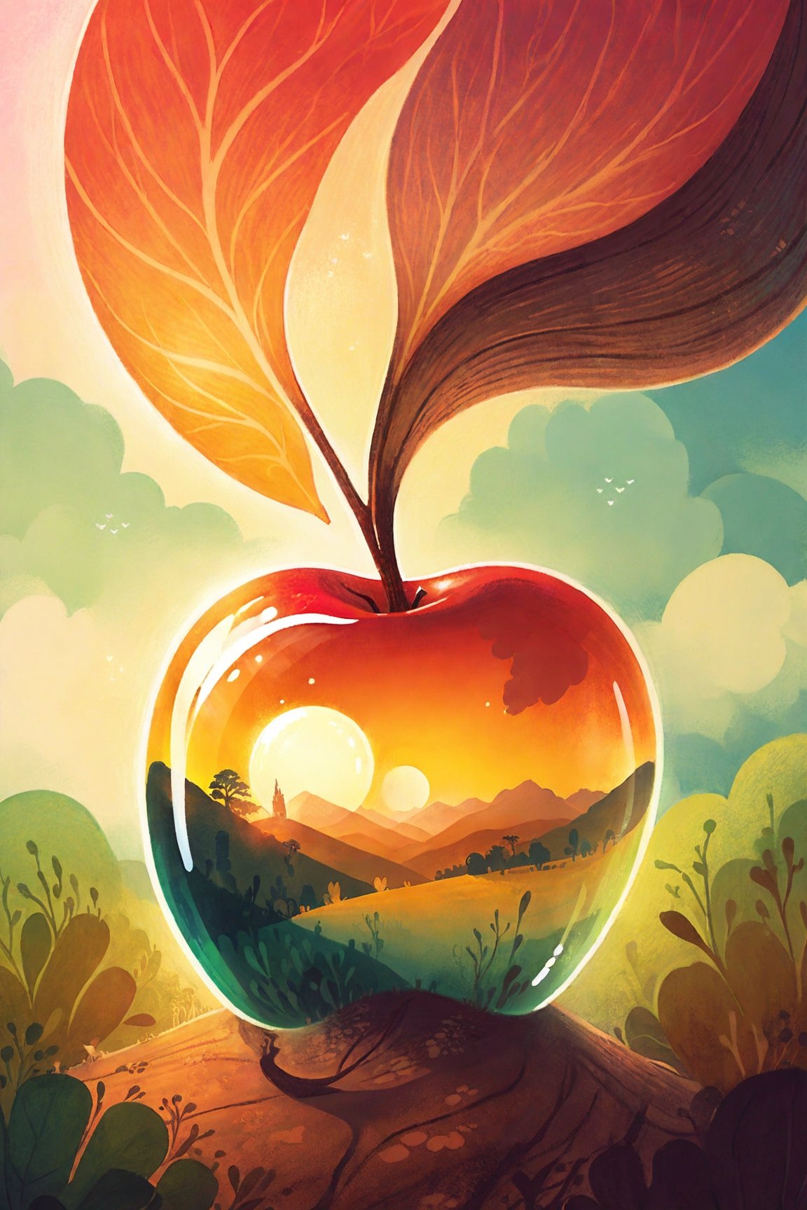 lovely double exposure image by blending together a sunrises and a glass apple. The sky should serve as the underlying backdrop, with its details subtly incorporated into the glossy glass apple, sharp focus, double exposure, glossy glass apple, (translucent glass figure of an apple) (sky inside) lifeless, dead, glass apple, earthy colors, decadence, intricate design, hyper realistic, high definition, extremely detailed, dark softbox image, raytracing, cinematic, HDR, (double exposure:1.1)