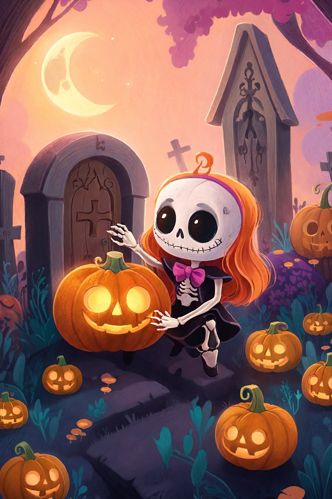 masterpiece, realistic, highly detailed, movie still, a cartoon character holding a pumpkin in a graveyard, Artstation contest winner, sakimichan frank franzzeta, cute skeleton, profile picture, chibi art, album art, cutecore, jack skellington, marc adamus, incredibly cute, profile image, painfully adorable, absolutely outstanding image, 🌺 cgsociety, dia de muertos