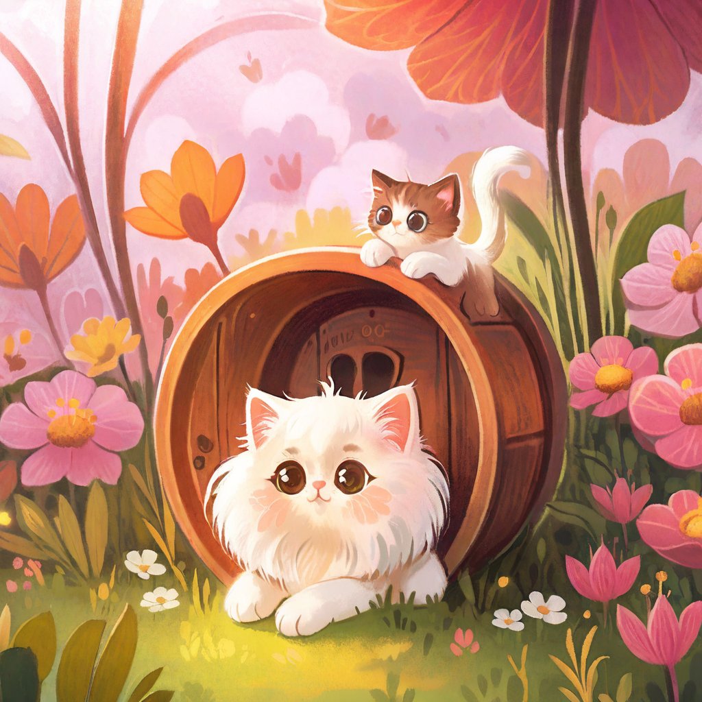 Cute tiny little kitty, puffy adorable white fur, adorable cute shiny big brown eyes, Ultra HD, realistic, best quality, in a mini container, in a flower field.