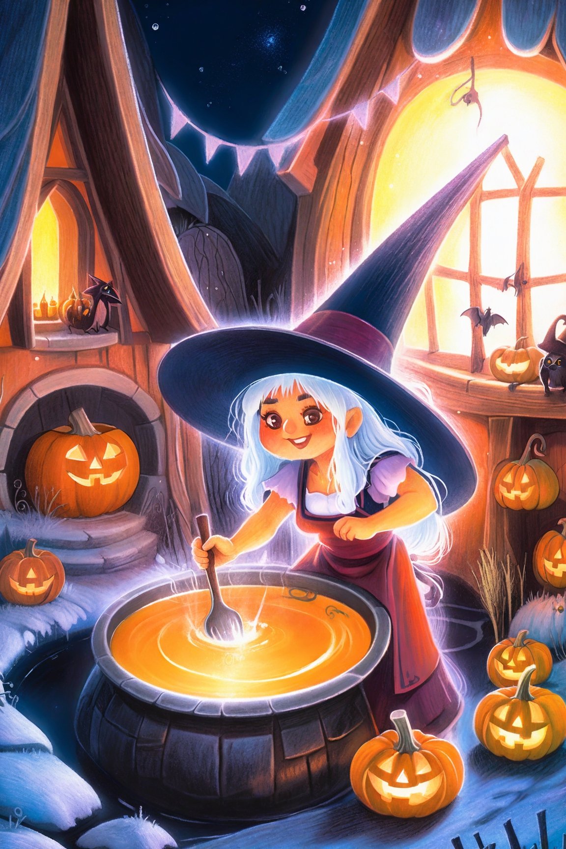 A beautiful short voluptuous witch cooking a pumpkin soup in a big pot with a happy Halloween mood. In front of a small witch hut at night. (((Luis Royo style color pencil illustration, detailed background, medieval dark fantasy setting)))