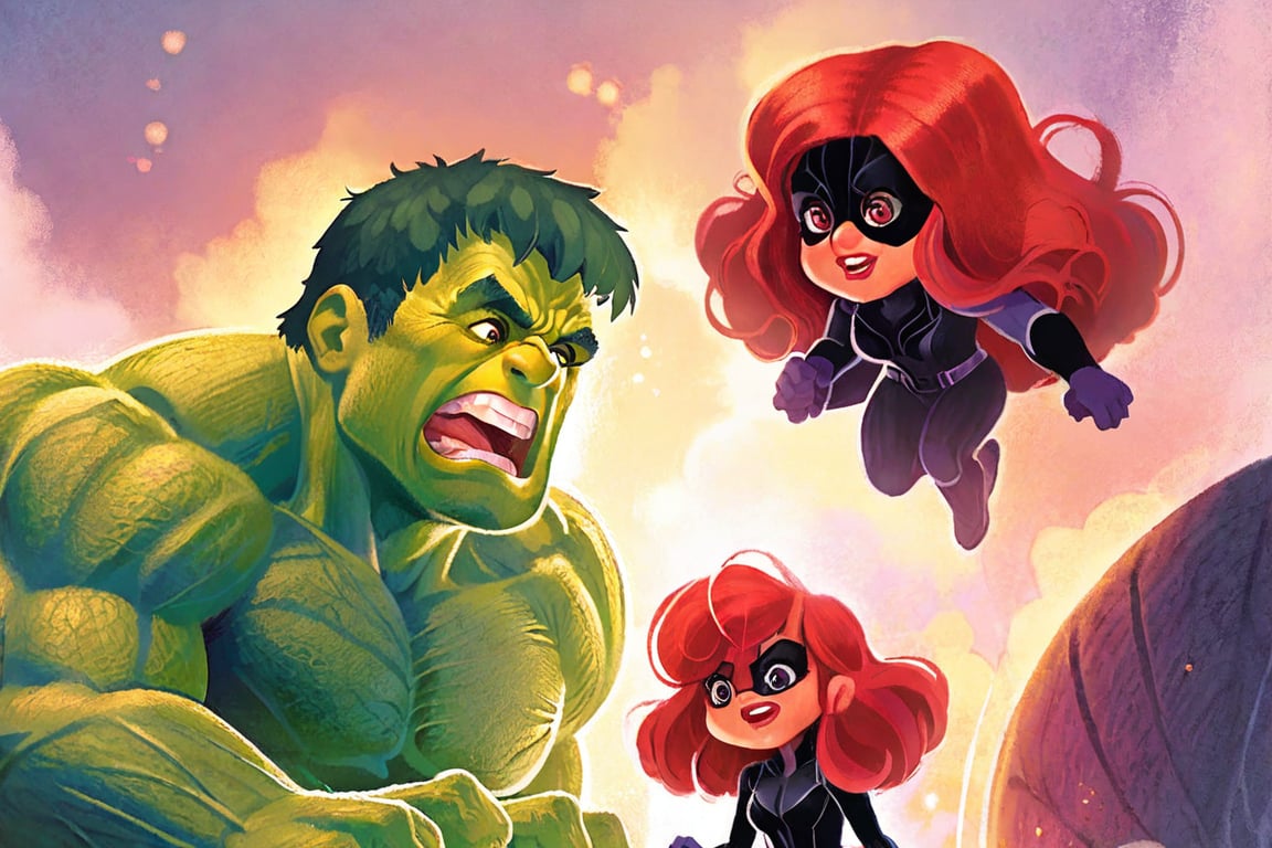 Hulk staring  black widow smilely,causing bacl widow in shocked